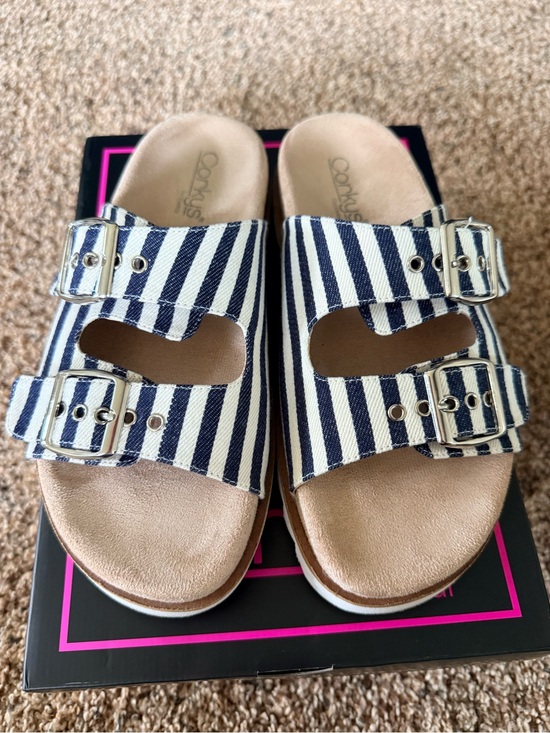 Corkys Shoes - Corkys Navy and White Striped Double Buckle Slide Sandals